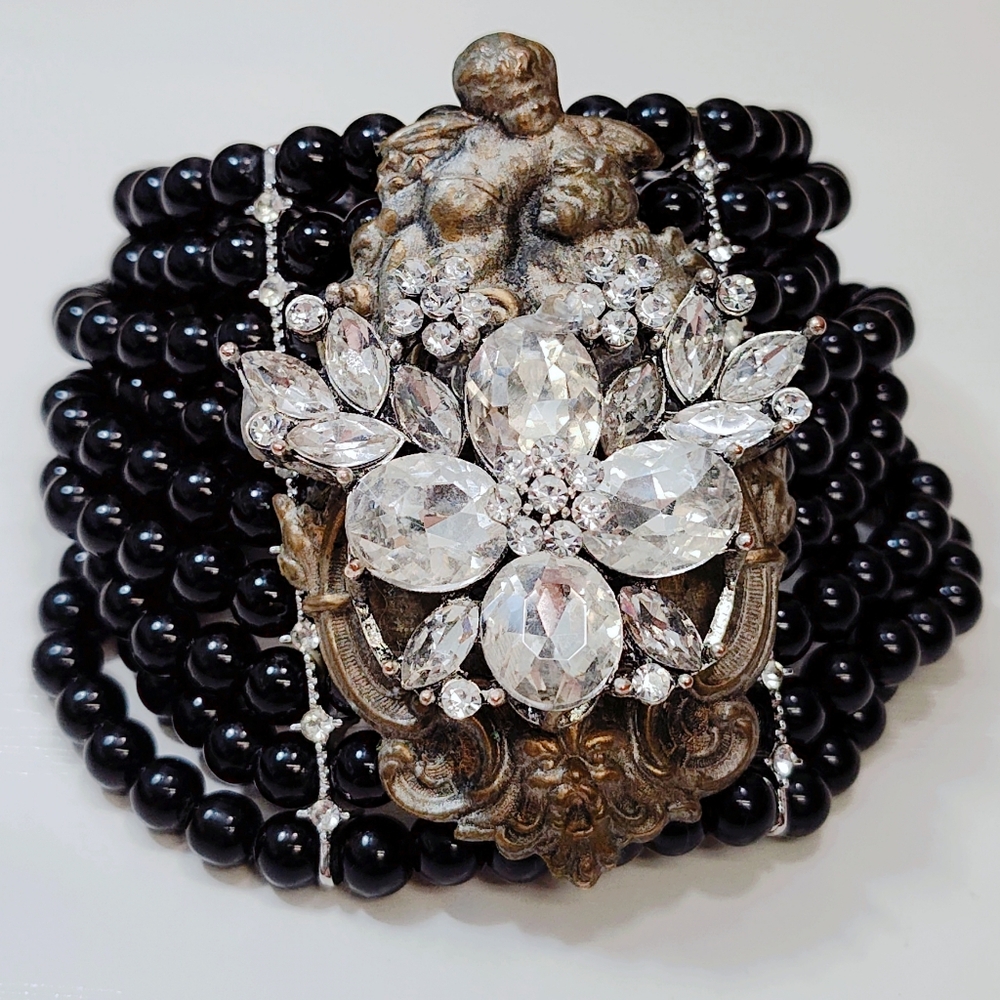 Upcycled Hand Crafted Extra Wide Black Bead Rhinestone Brass Cherub Bracelet